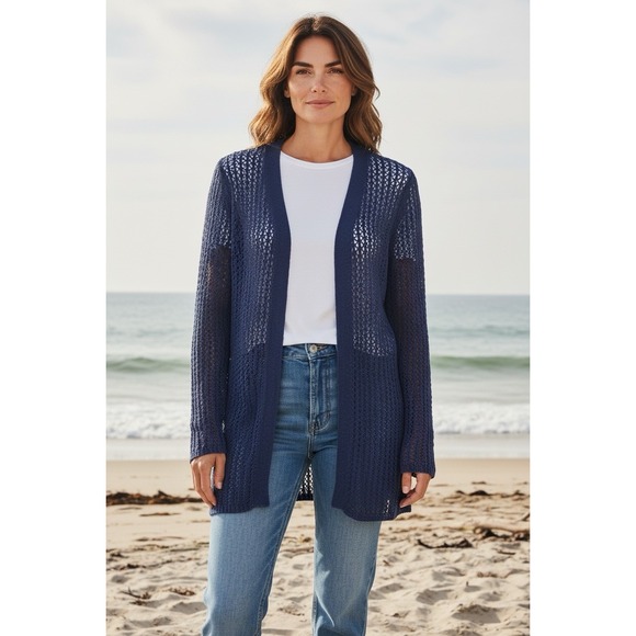 J. McLaughlin Sweaters - J McLaughlin Crochet Knit Open Front Cardigan Women's XS X-SMALL Navy L/S